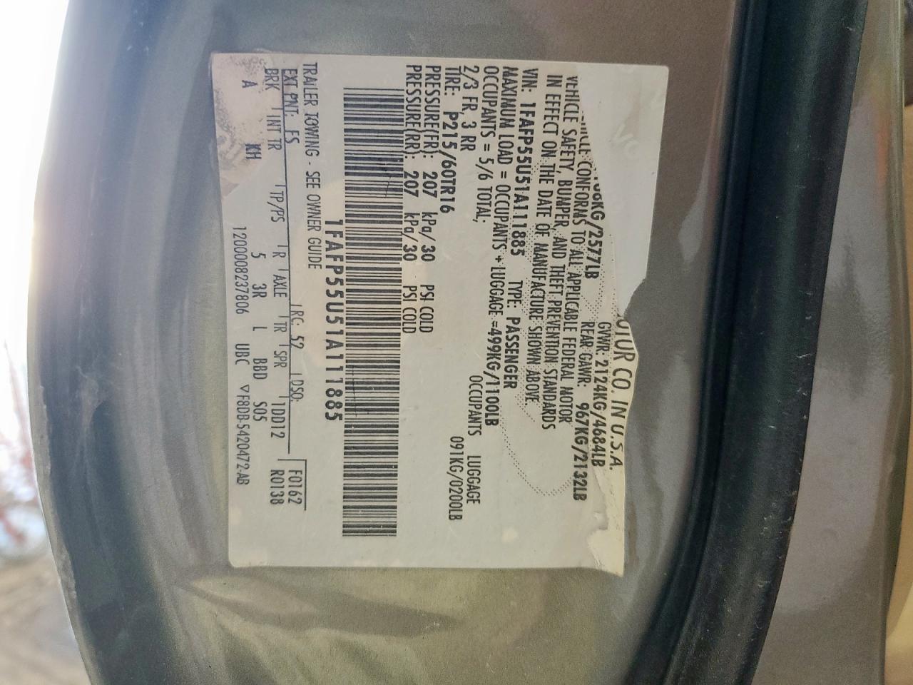 2001 Ford Taurus Ses VIN: 1FAFP55U51A111885 Lot: 59563255