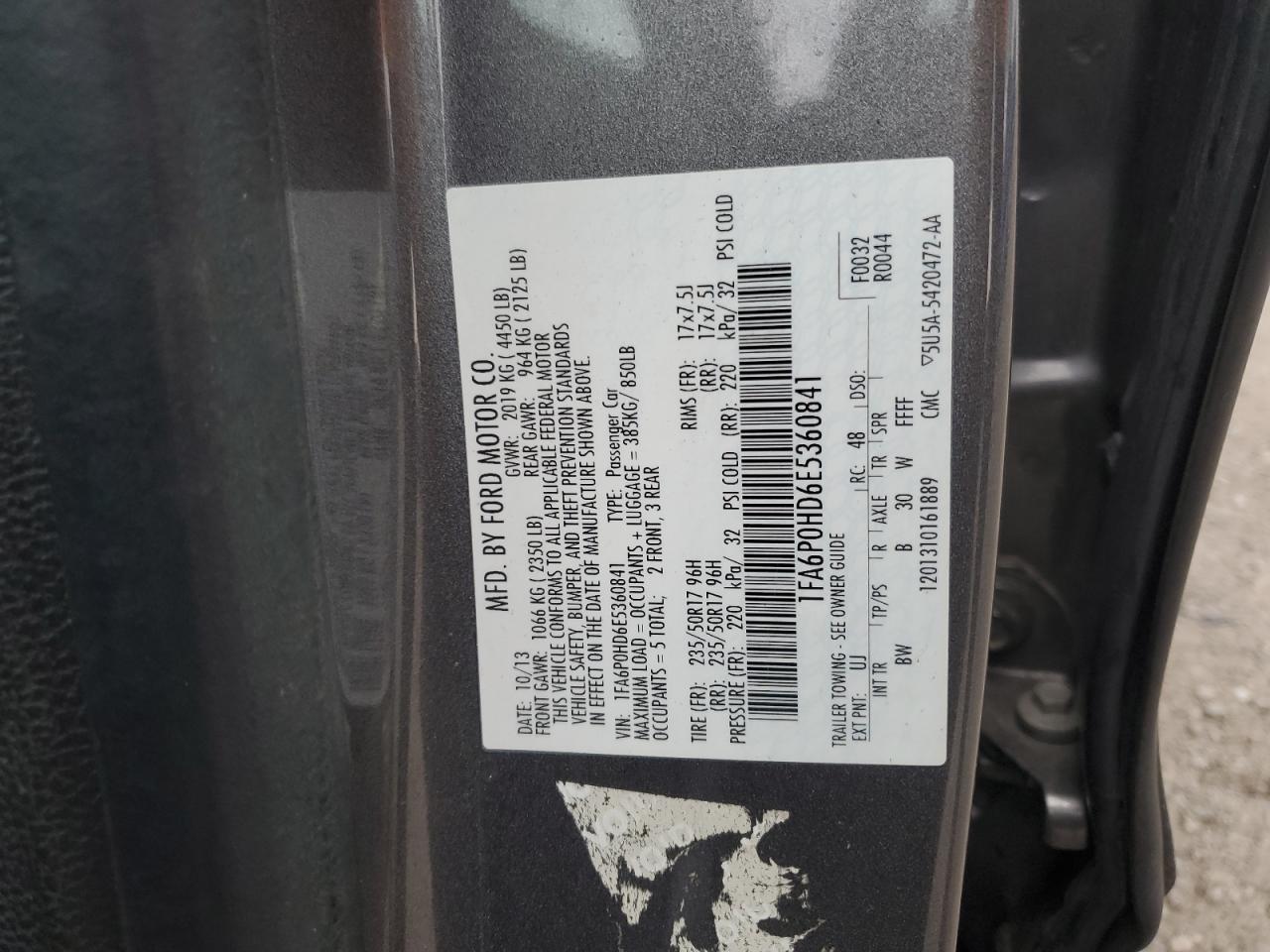 2014 Ford Fusion Se VIN: 1FA6P0HD6E5360841 Lot: 61254705