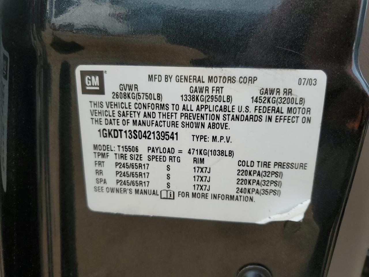 2004 GMC Envoy VIN: 1GKDT13S042139541 Lot: 57864525