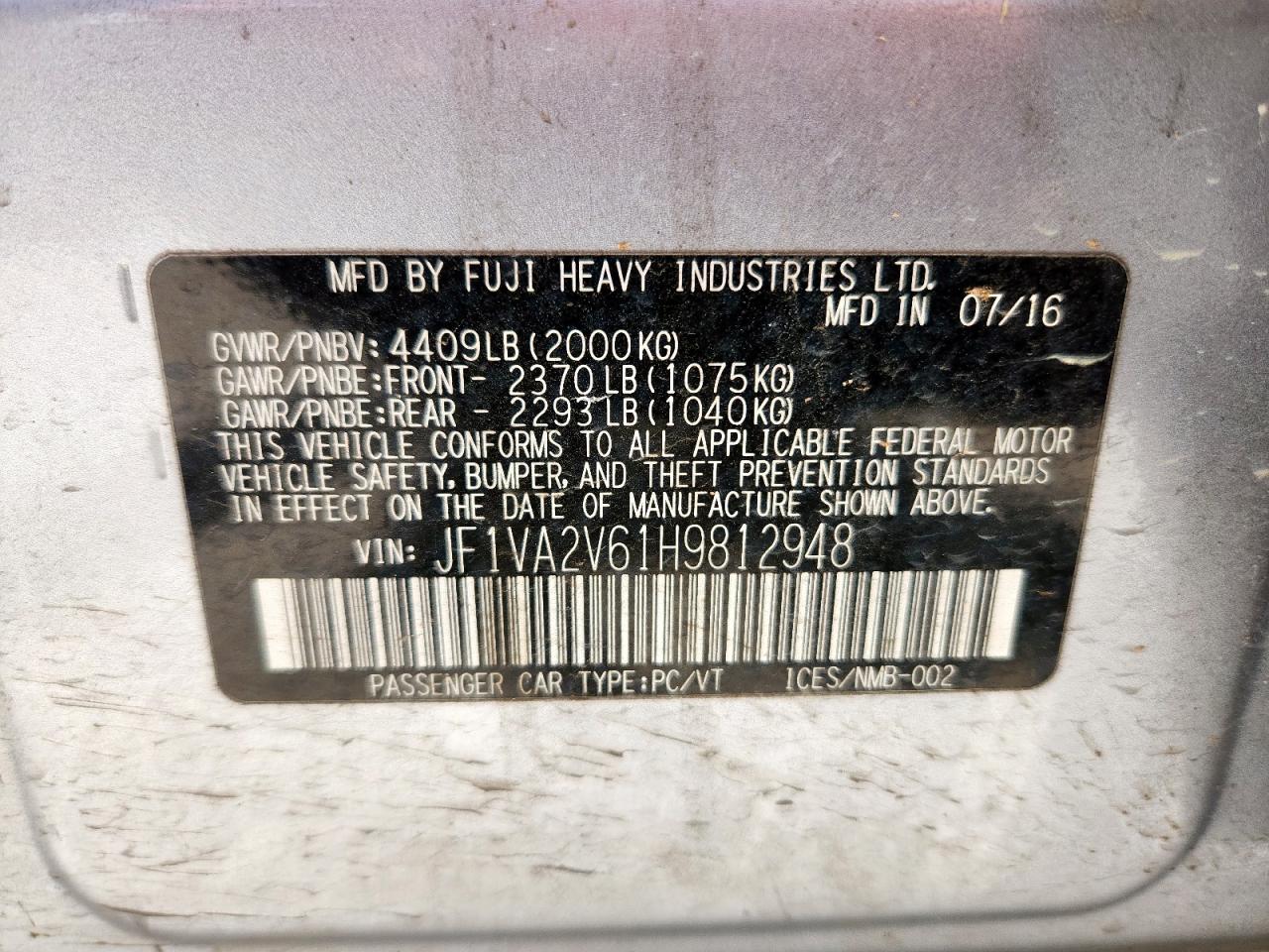 2017 Subaru Wrx Sti VIN: JF1VA2V61H9812948 Lot: 61831605