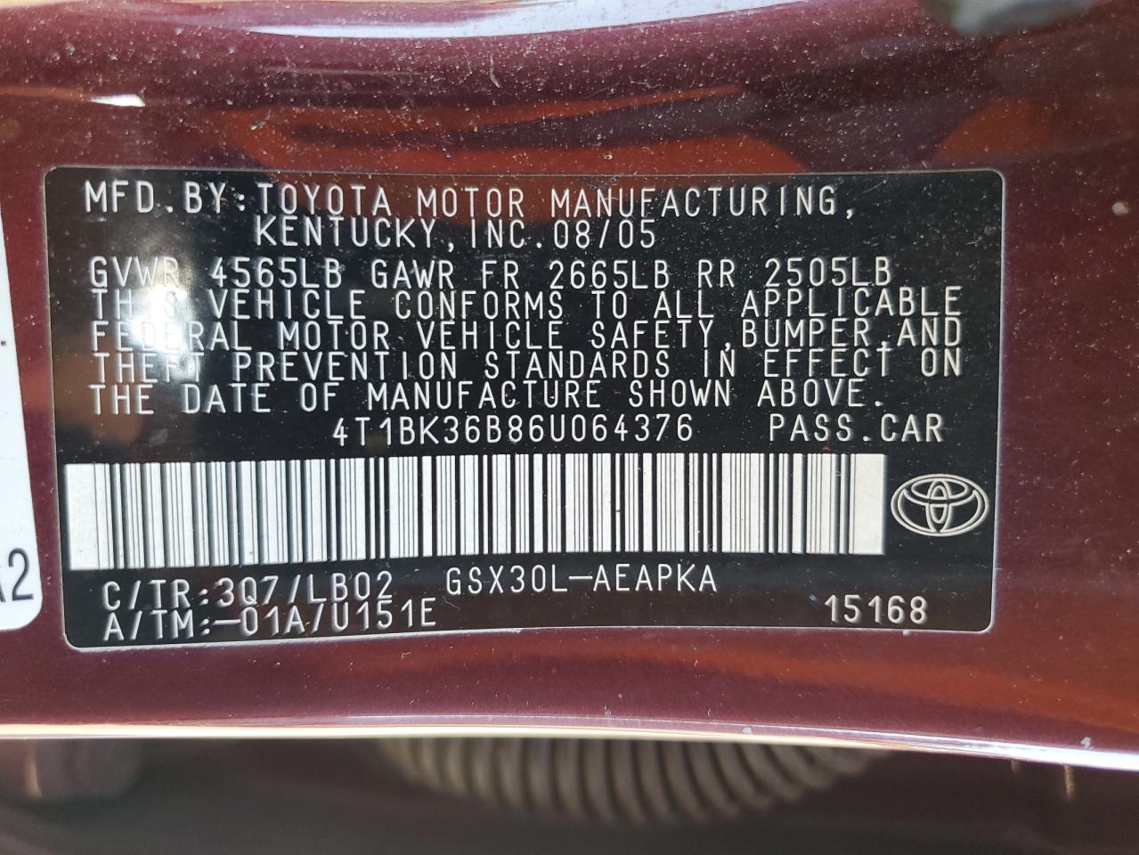 2006 Toyota Avalon Xl VIN: 4T1BK36B86U064376 Lot: 61183705