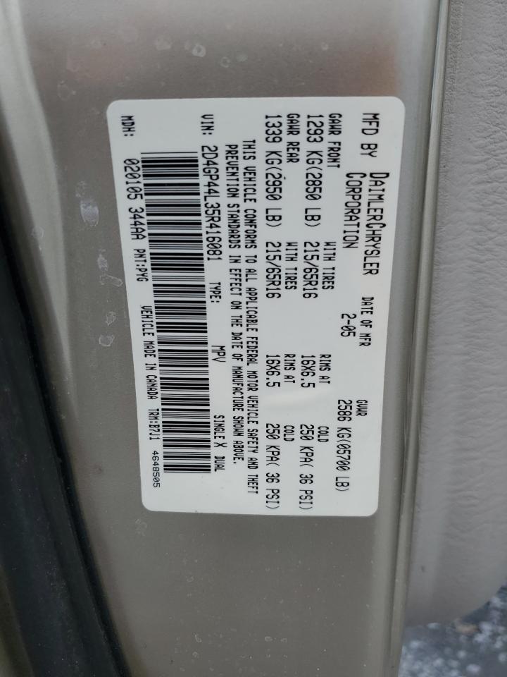 2005 Dodge Grand Caravan Sxt VIN: 2D4GP44L35R416081 Lot: 58487845