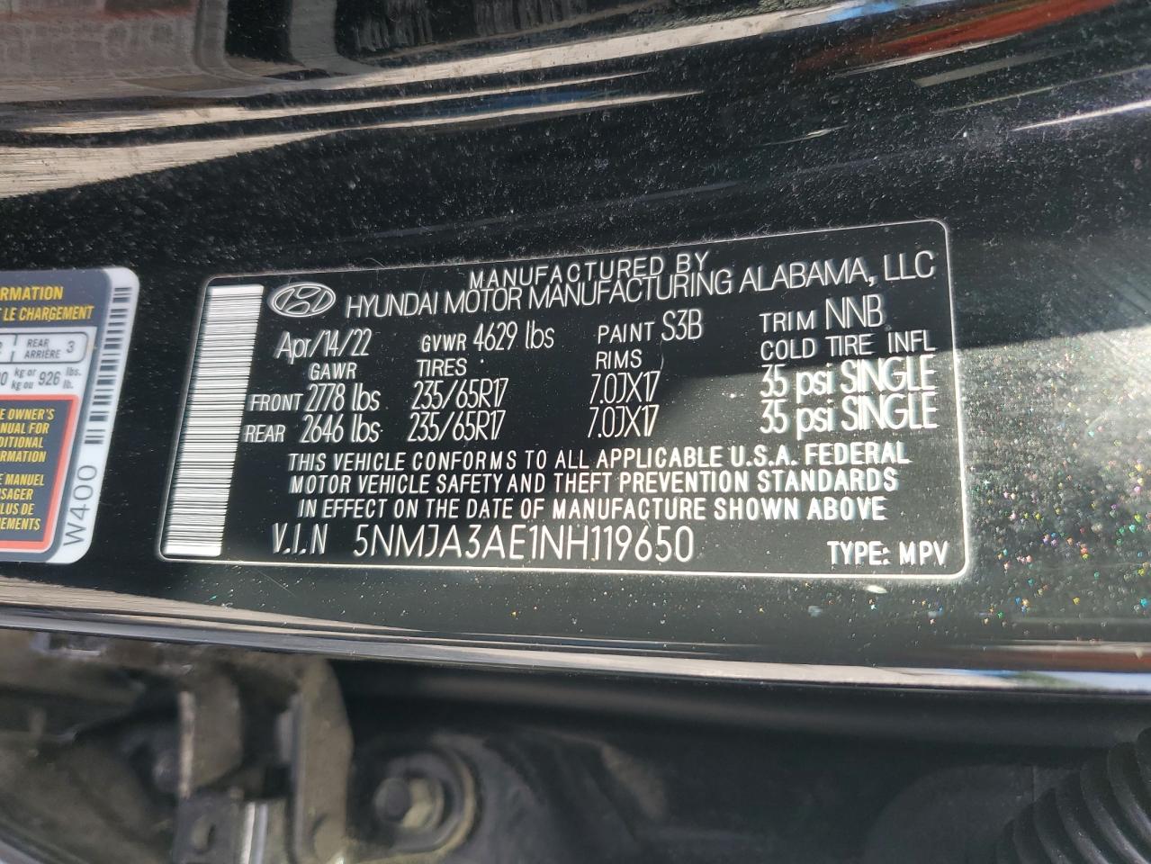 2022 Hyundai Tucson Se VIN: 5NMJA3AE1NH119650 Lot: 54600615