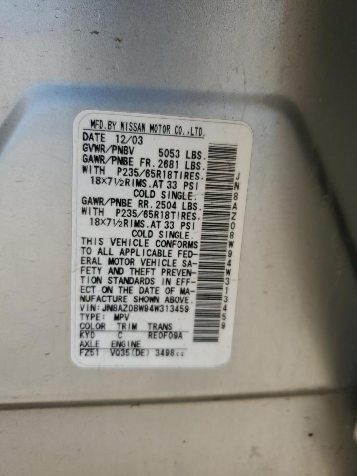 2004 Nissan Murano Sl VIN: JN8AZ08W94W313459 Lot: 61623365