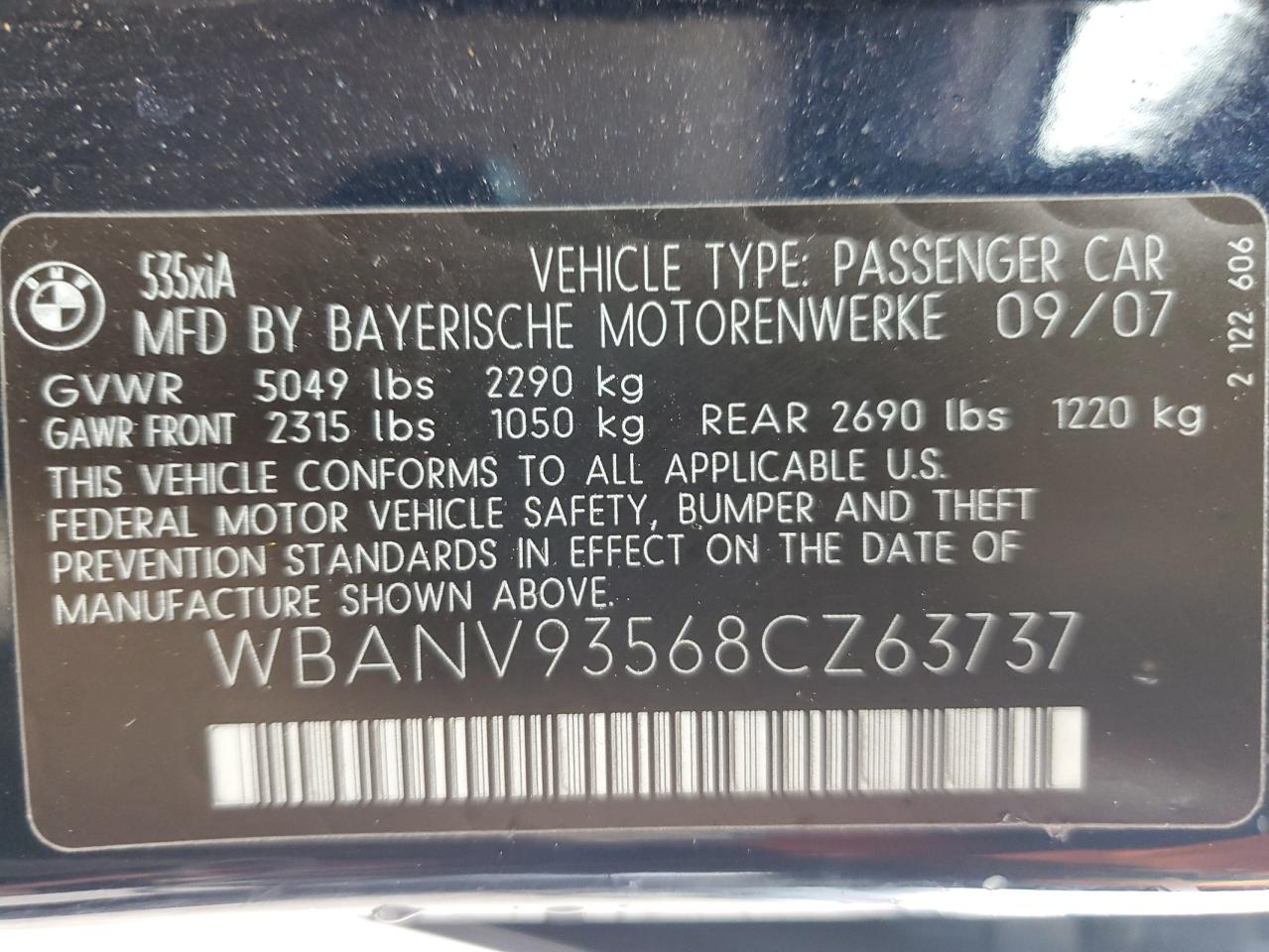 2008 BMW 535 Xi VIN: WBANV93568CZ63737 Lot: 61487845
