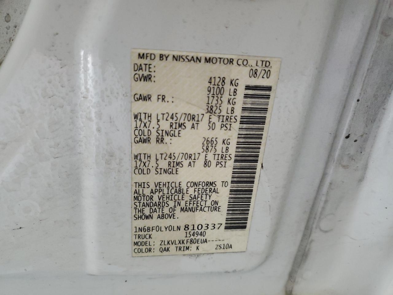 2020 Nissan Nv 2500 S VIN: 1N6BF0LY0LN810337 Lot: 57862275