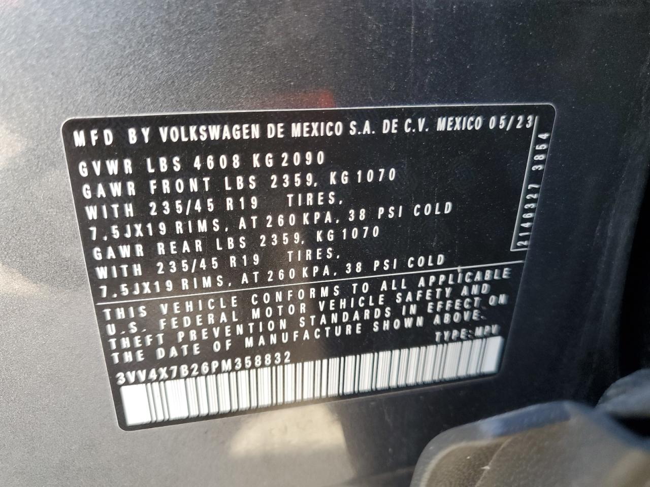 2023 Volkswagen Taos Sel VIN: 3VV4X7B26PM358832 Lot: 60434755