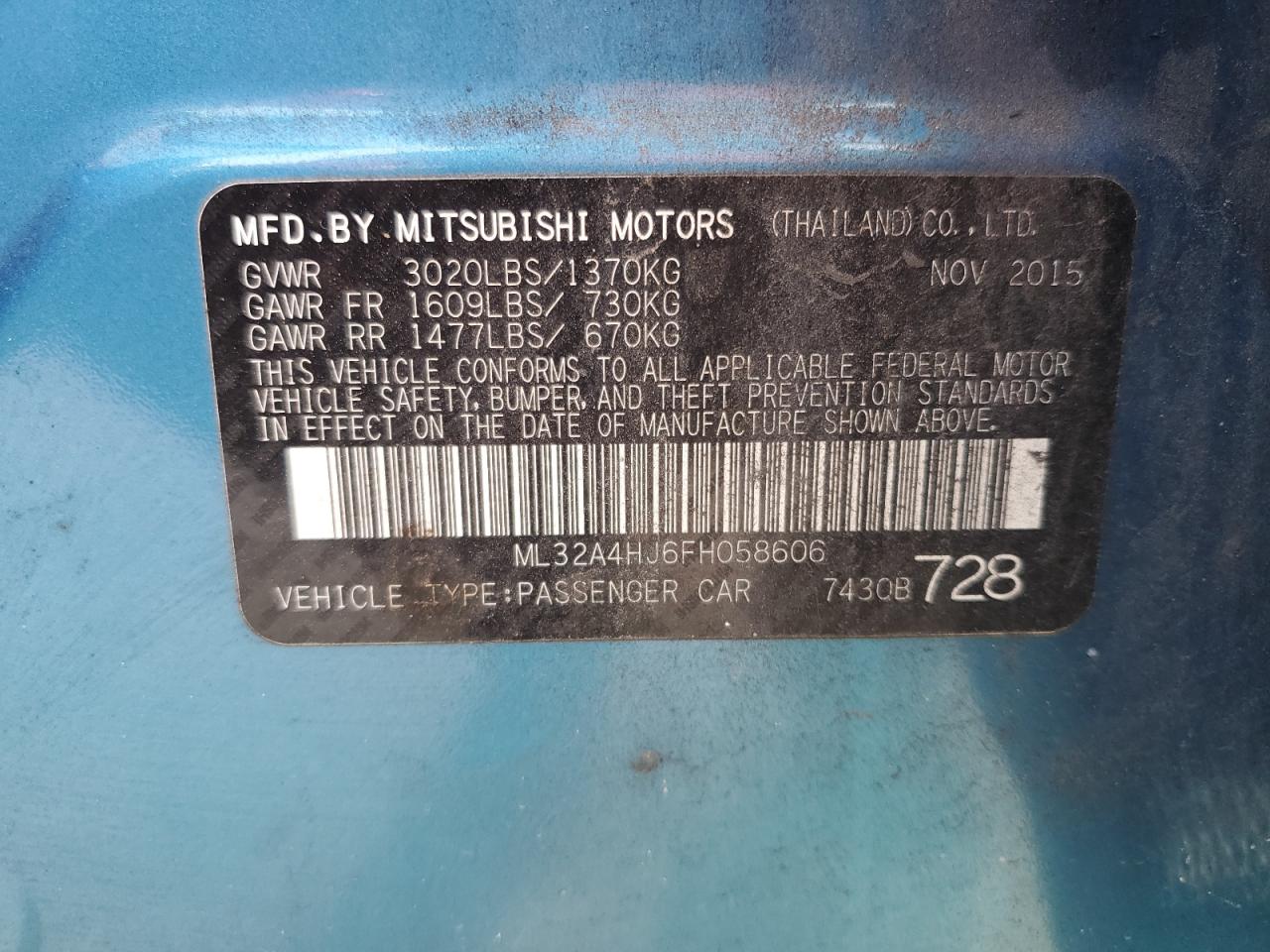 2015 Mitsubishi Mirage Es VIN: ML32A4HJ6FH058606 Lot: 60694365