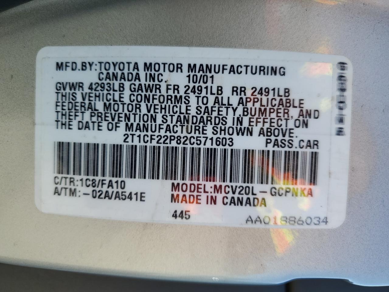 2002 Toyota Camry Solara Se VIN: 2T1CF22P82C571603 Lot: 61211805