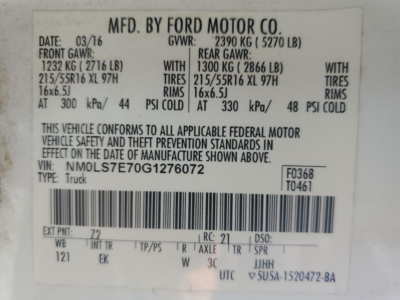 2016 Ford Transit Connect Xl VIN: NM0LS7E70G1276072 Lot: 59557035