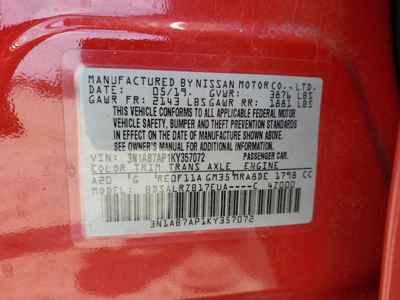 2019 Nissan Sentra S VIN: 3N1AB7AP1KY357072 Lot: 60471625