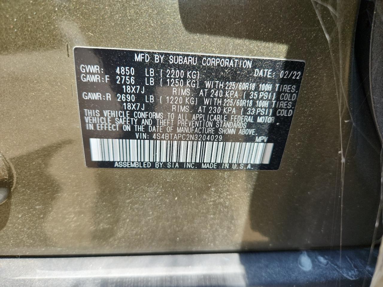 2022 Subaru Outback Touring VIN: 4S4BTAPC2N3204029 Lot: 62586705