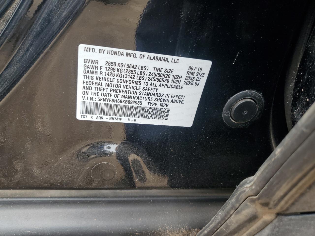 2019 Honda Pilot Touring VIN: 5FNYF6H69KB092985 Lot: 69071955