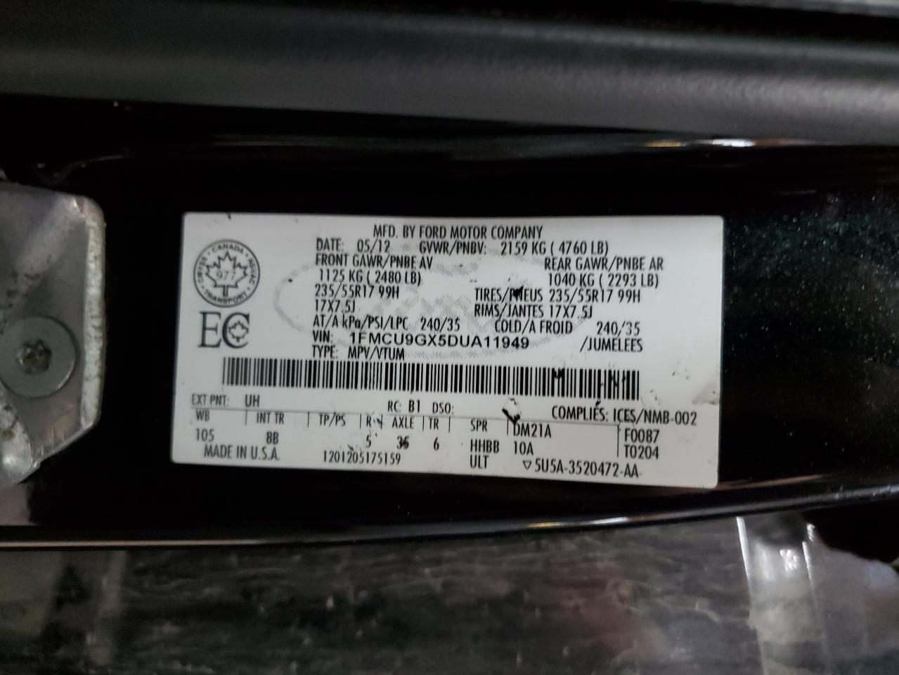 2013 Ford Escape Se VIN: 1FMCU9GX5DUA11949 Lot: 62460675