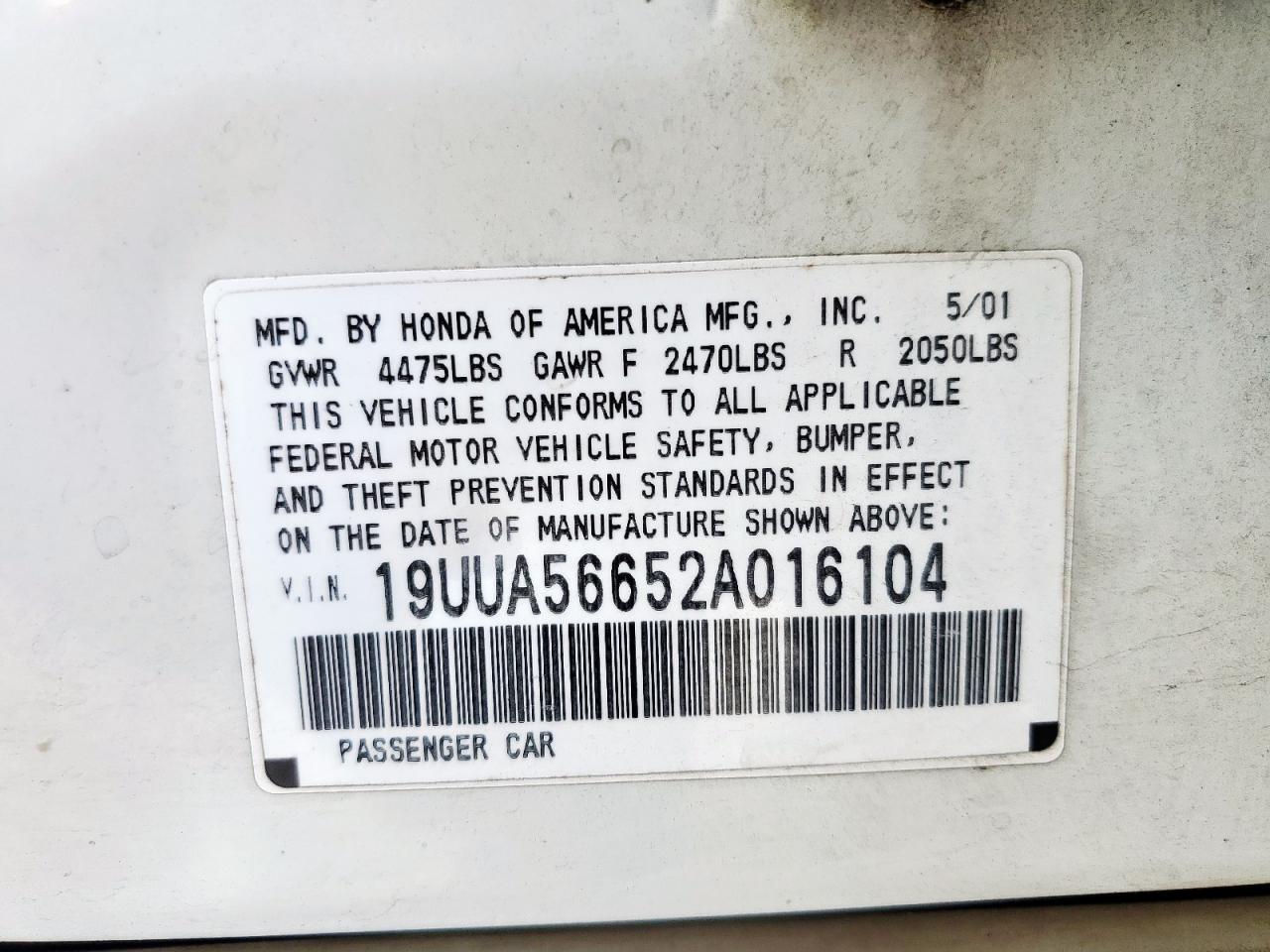 2002 Acura 3.2Tl VIN: 19UUA56652A016104 Lot: 62420295