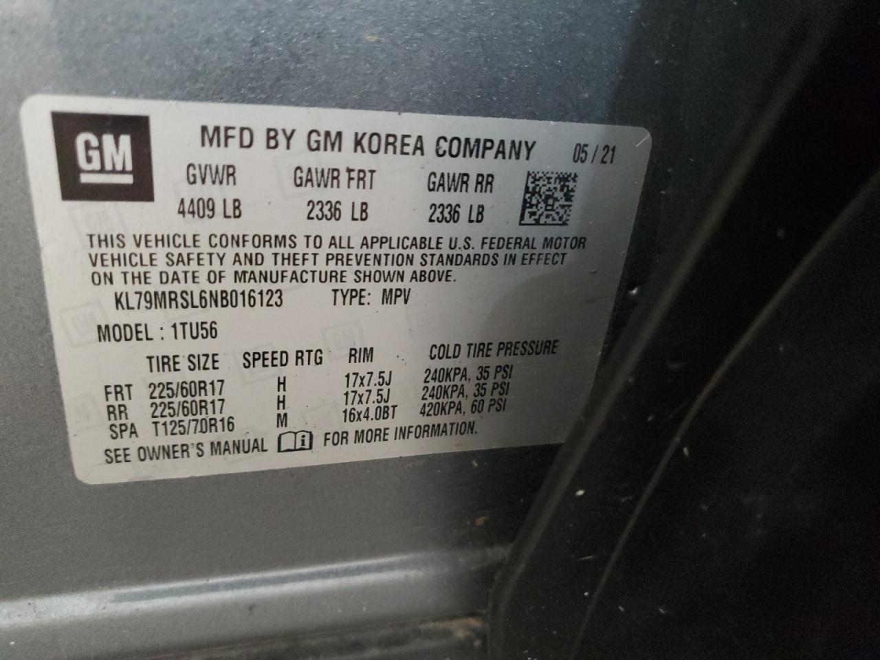 2022 Chevrolet Trailblazer Lt VIN: KL79MRSL6NB016123 Lot: 61859975