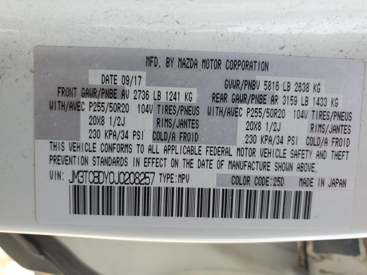 2018 Mazda Cx-9 Grand Touring VIN: JM3TCBDY0J0208257 Lot: 59792655