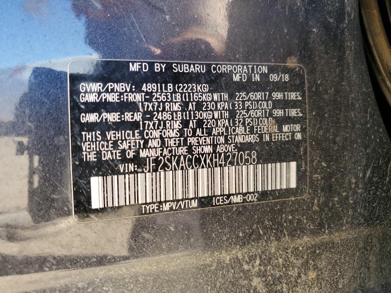 2019 Subaru Forester VIN: JF2SKACCXKH427058 Lot: 62891815
