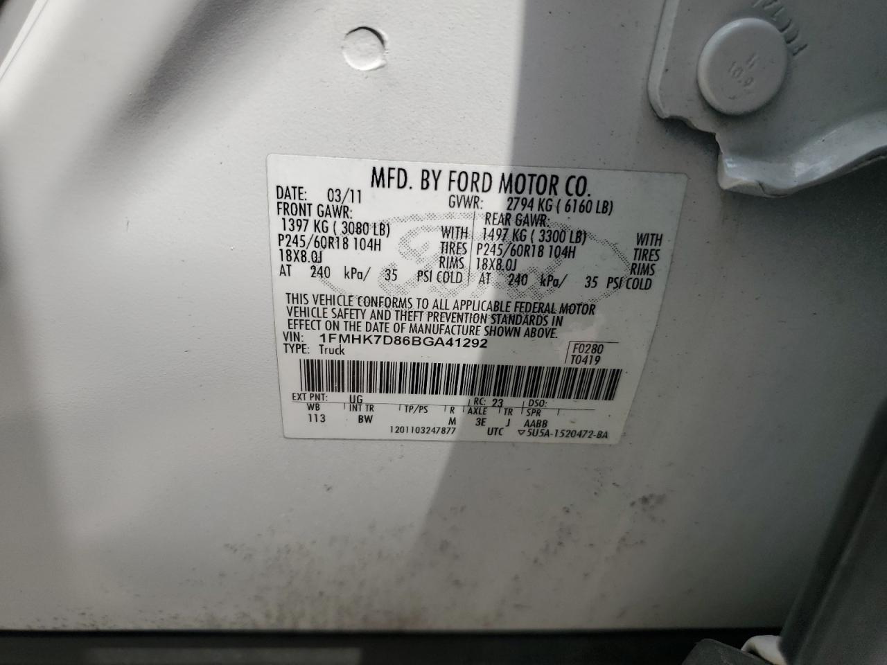 2011 Ford Explorer Xlt VIN: 1FMHK7D86BGA41292 Lot: 61294525