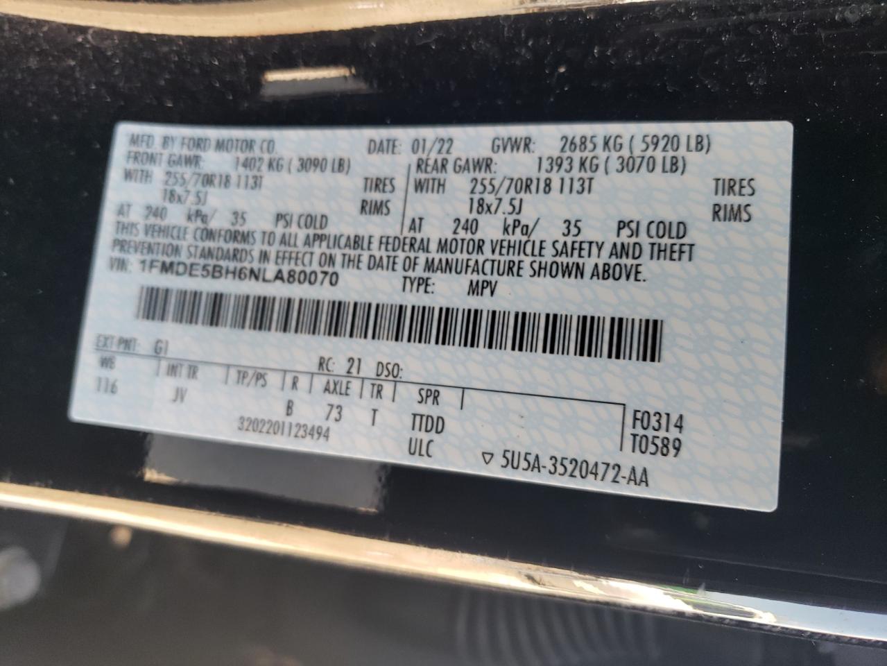2022 Ford Bronco Base VIN: 1FMDE5BH6NLA80070 Lot: 61212255