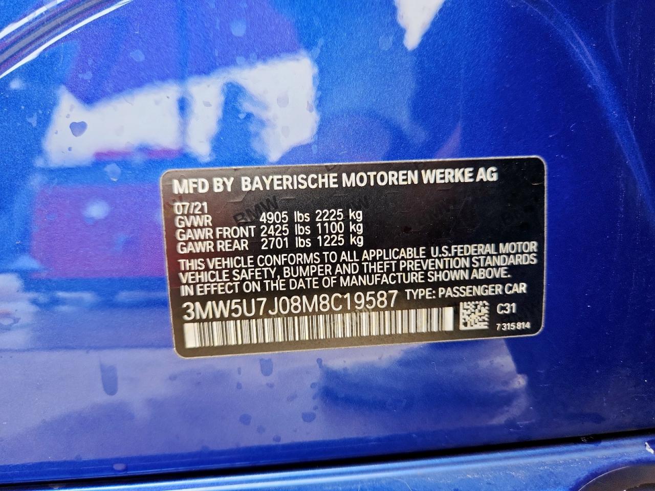 2021 BMW M340I VIN: 3MW5U7J08M8C19587 Lot: 60456485