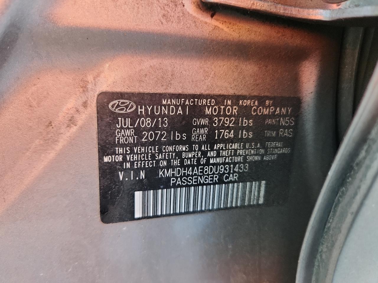 2013 Hyundai Elantra Gls VIN: KMHDH4AE8DU931433 Lot: 61043535