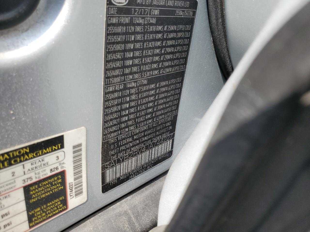 2018 Land Rover Range Rover Velar S VIN: SALYB2RV4JA744227 Lot: 59204545