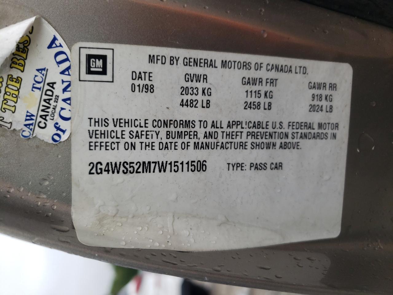 1998 Buick Century Custom VIN: 2G4WS52M7W1511506 Lot: 64596635