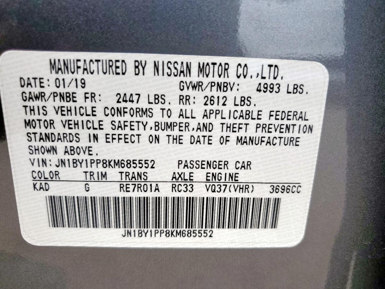 2019 Infiniti Q70L 3.7 Luxe VIN: JN1BY1PP8KM685552 Lot: 61467935