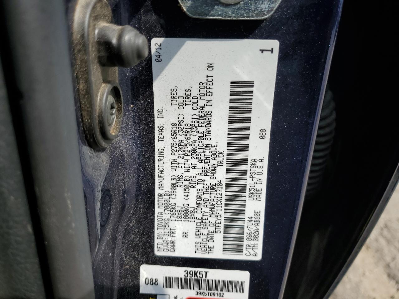 2012 Toyota Tundra Crewmax Sr5 VIN: 5TFEY5F11CX127184 Lot: 61466495