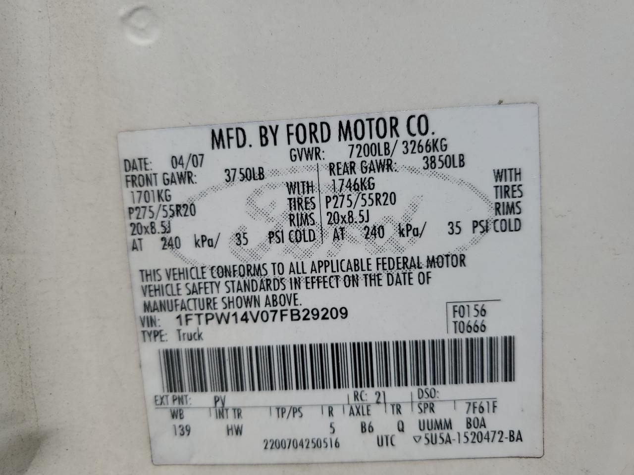 2007 Ford F150 Supercrew VIN: 1FTPW14V07FB29209 Lot: 62311485