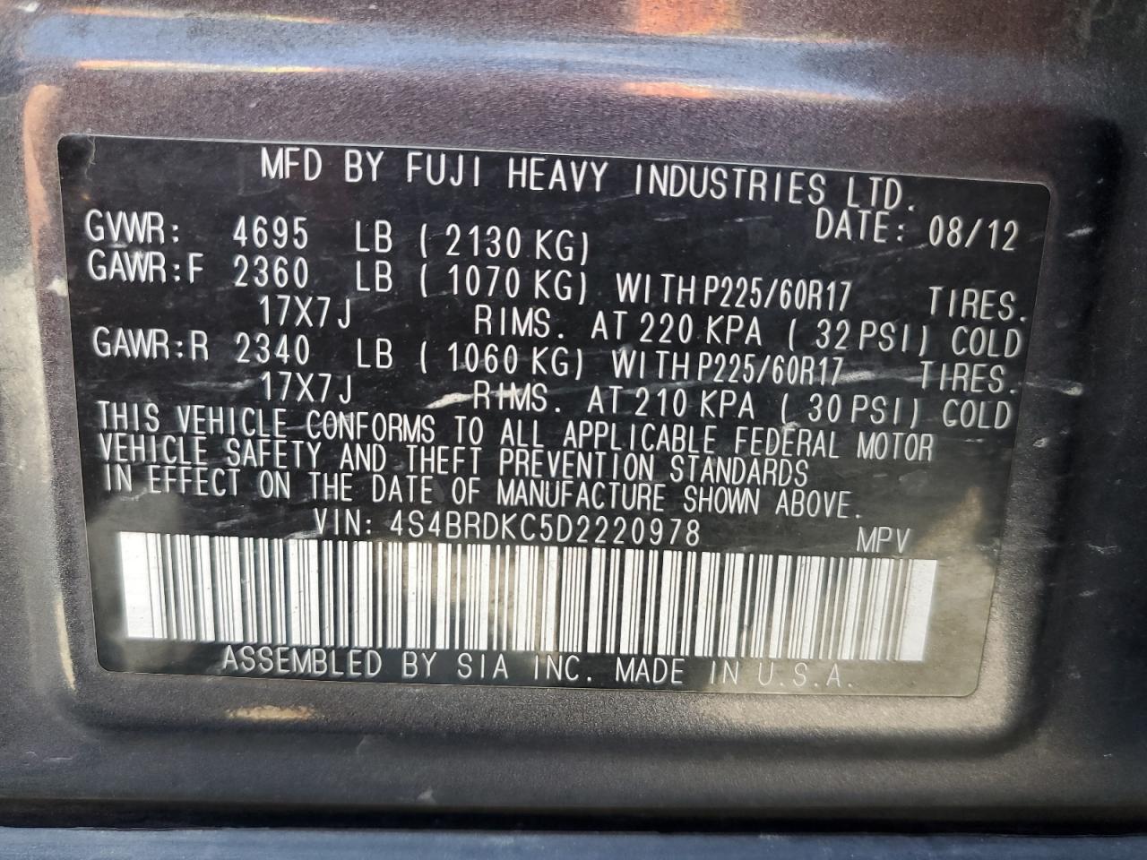 2013 Subaru Outback 3.6R Limited VIN: 4S4BRDKC5D2220978 Lot: 62990155