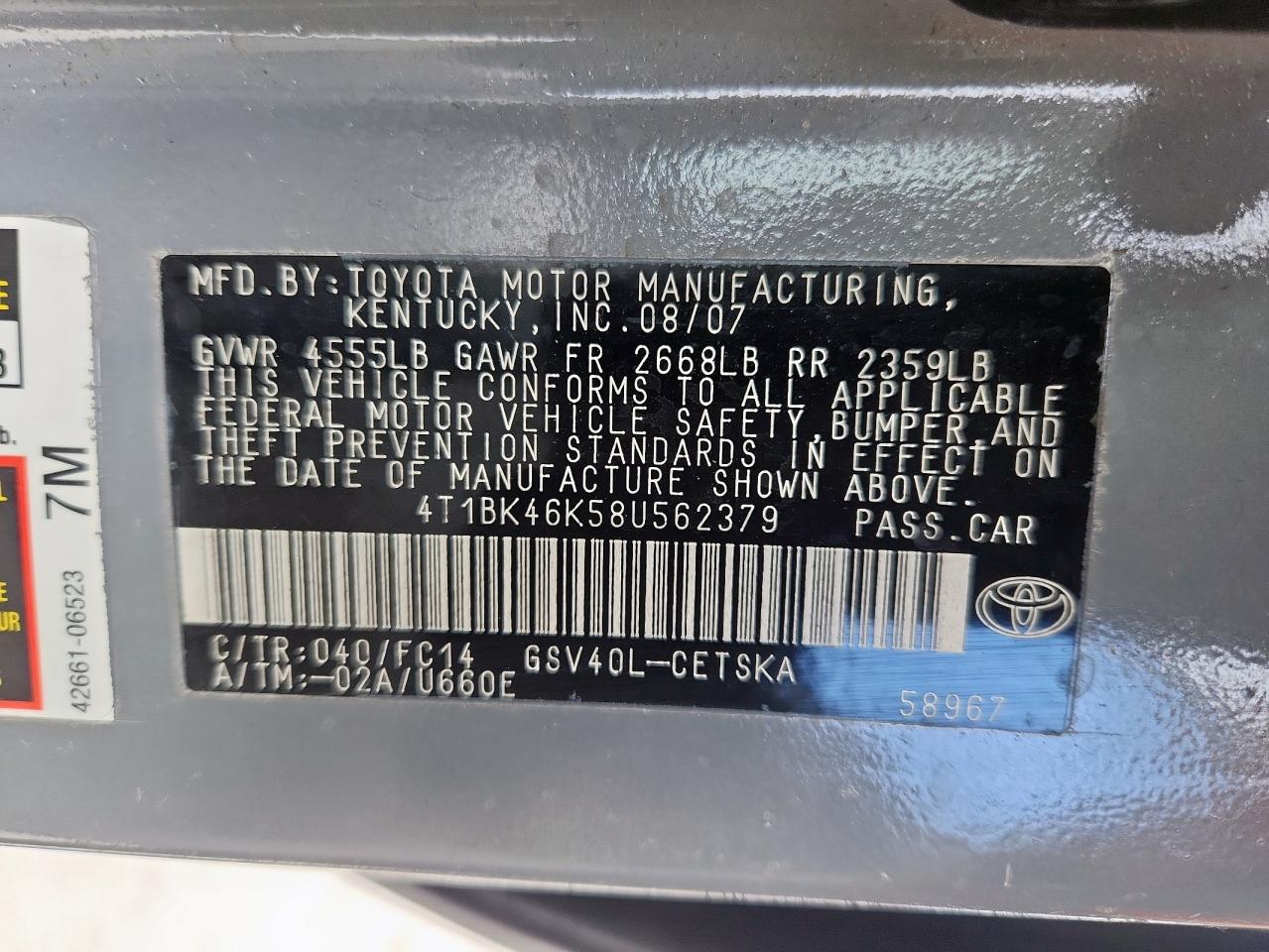 TOYOTA CAMRY 2008 VIN 4T1BK46K58U562379 фото 12