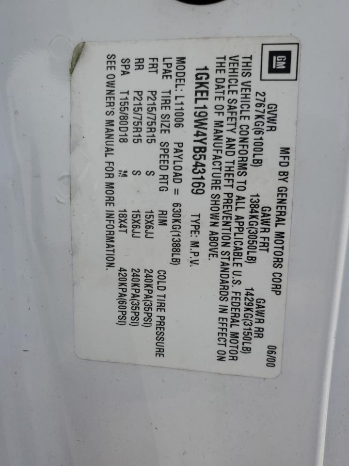 2000 GMC Safari Xt VIN: 1GKEL19W4YB543169 Lot: 61695185