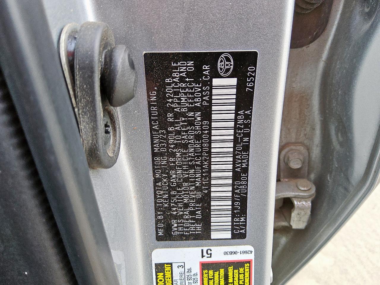 TOYOTA CAMRY 2023 VIN 4T1C11AK2PU800409 фото 12