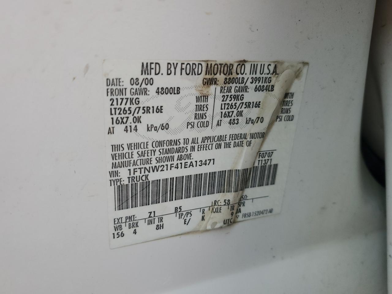 2001 Ford F250 Super Duty VIN: 1FTNW21F41EA13471 Lot: 58993325