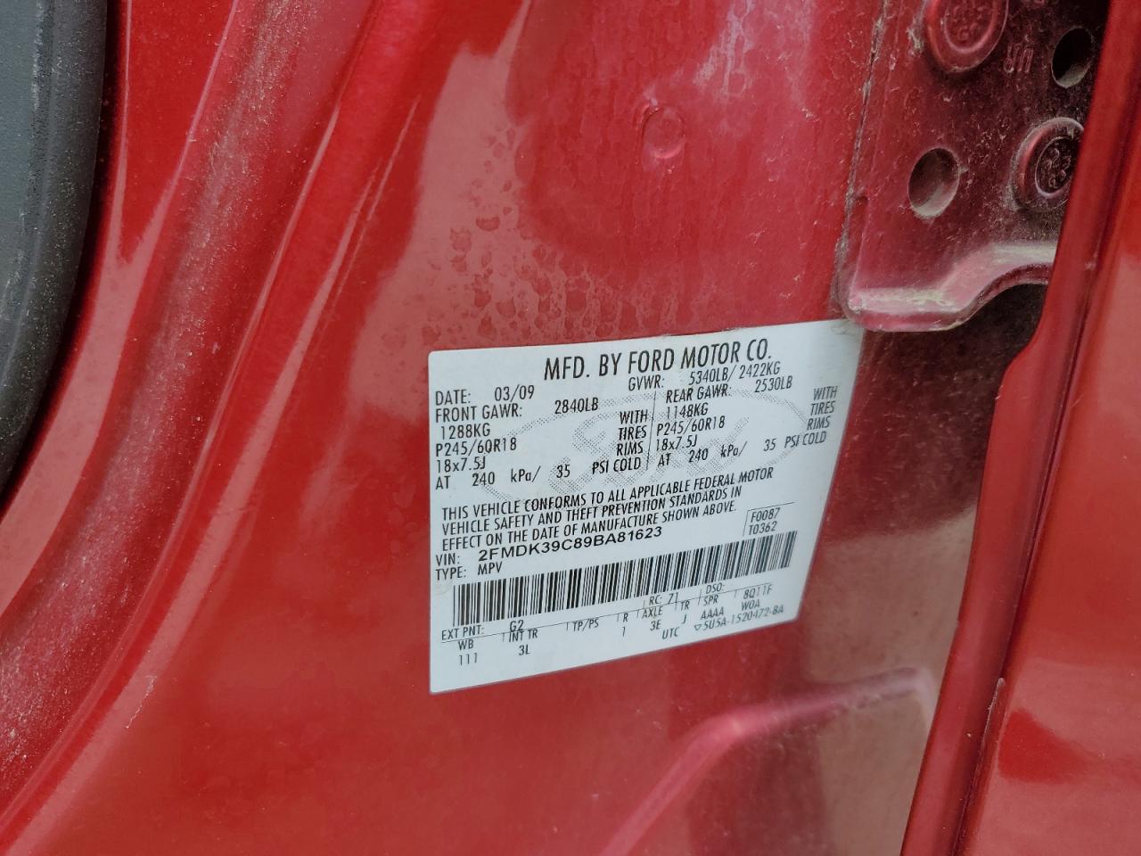 2009 Ford Edge Limited VIN: 2FMDK39C89BA81623 Lot: 63068455