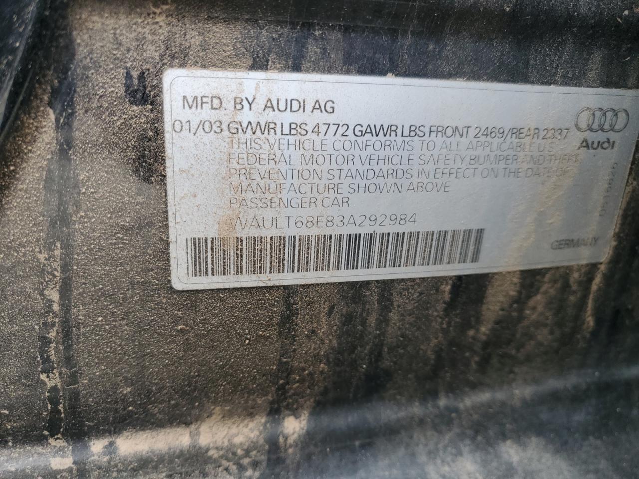 2003 Audi A4 3.0 Quattro VIN: WAULT68E83A292984 Lot: 60542485