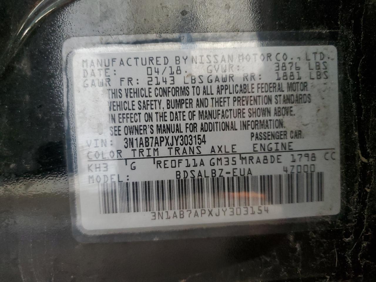 2018 Nissan Sentra S VIN: 3N1AB7APXJY303154 Lot: 61704065