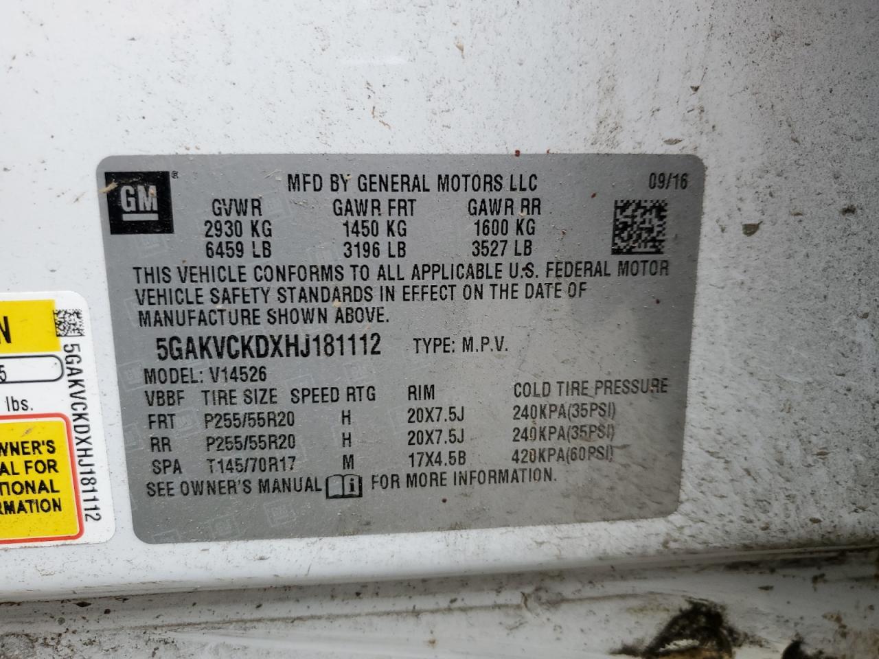 BUICK ENCLAVE 2017 VIN 5GAKVCKDXHJ181112 photo 12