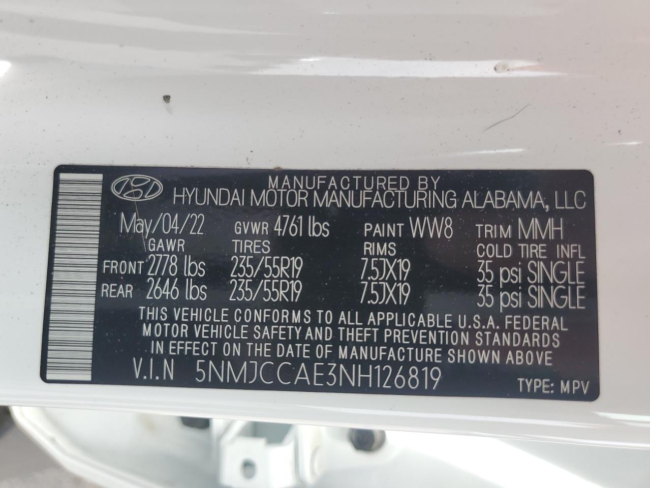 2022 Hyundai Tucson Sel VIN: 5NMJCCAE3NH126819 Lot: 61409965