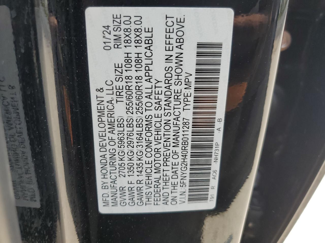 2024 Honda Pilot Exl VIN: 5FNYG2H40RB011287 Lot: 61612885