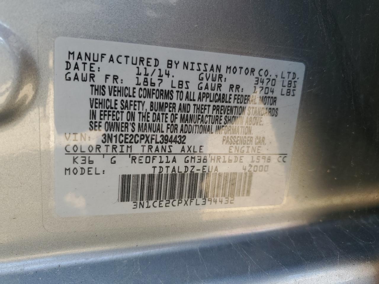 2015 Nissan Versa Note S VIN: 3N1CE2CPXFL394432 Lot: 61817935