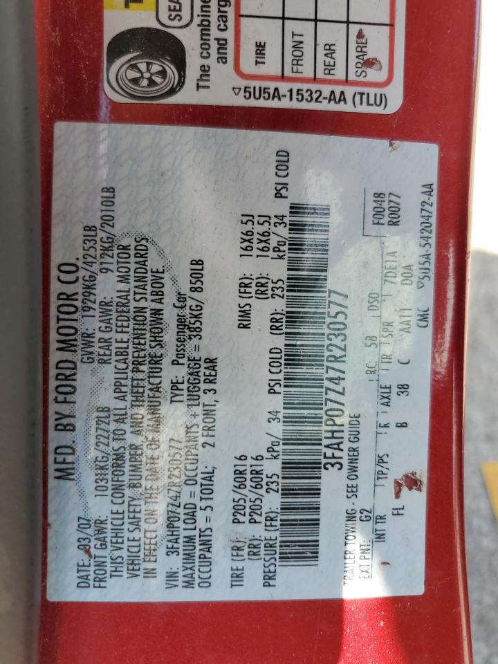 2007 Ford Fusion Se VIN: 3FAHP07Z47R230577 Lot: 62614395