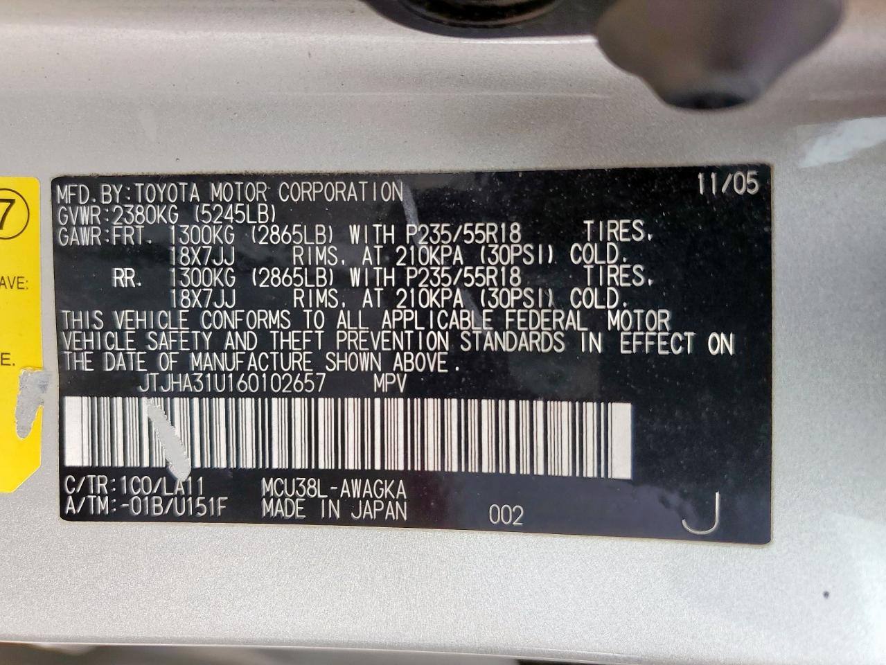 2006 Lexus Rx 330 VIN: JTJHA31U160102657 Lot: 62728965