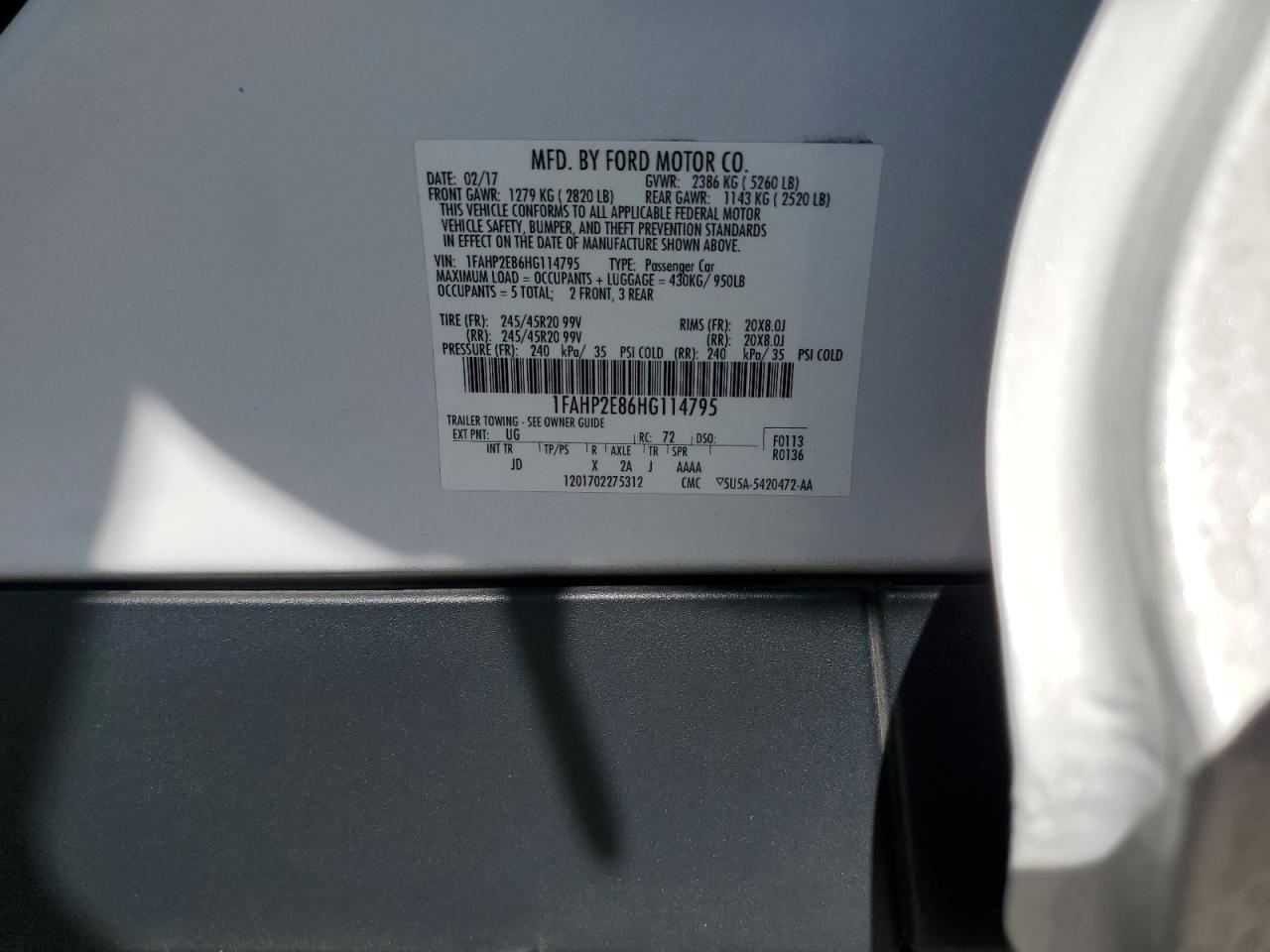 2017 Ford Taurus Sel VIN: 1FAHP2E86HG114795 Lot: 62727125
