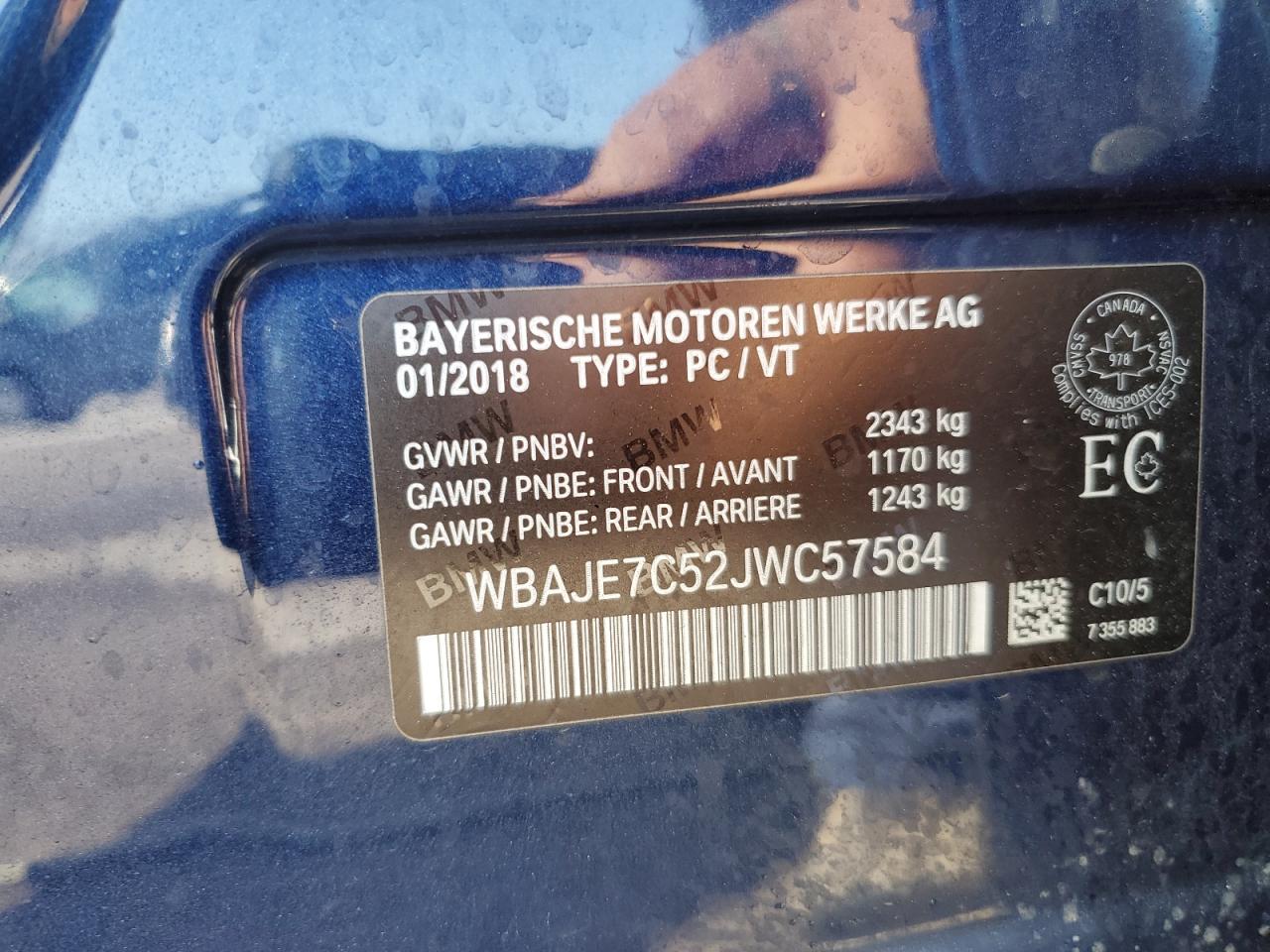 2018 BMW 540 Xi VIN: WBAJE7C52JWC57584 Lot: 58548075