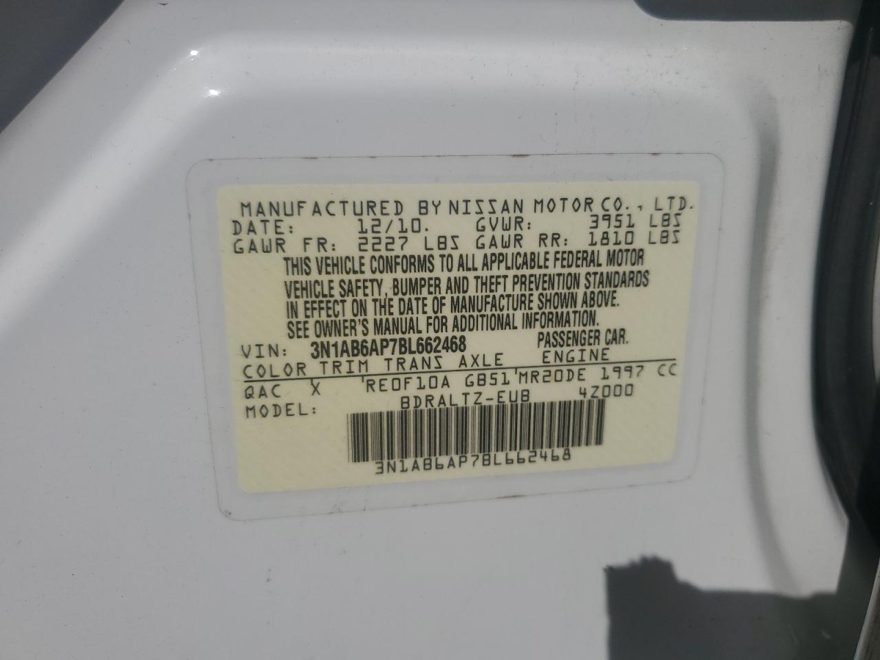 2011 Nissan Sentra 2.0 VIN: 3N1AB6AP7BL662468 Lot: 62139975