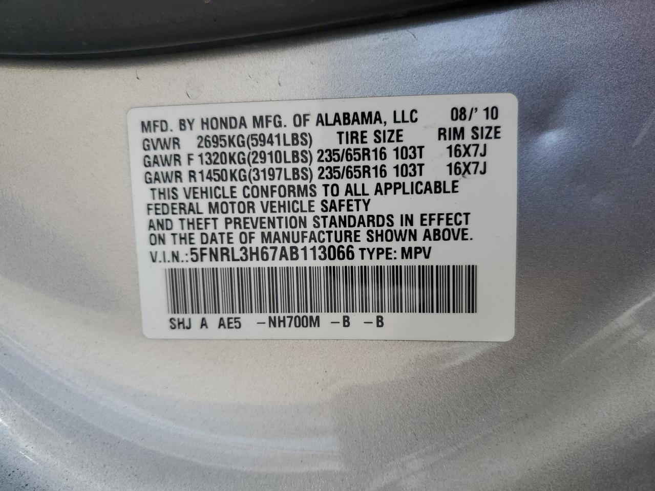 2010 Honda Odyssey Exl VIN: 5FNRL3H67AB113066 Lot: 62611675