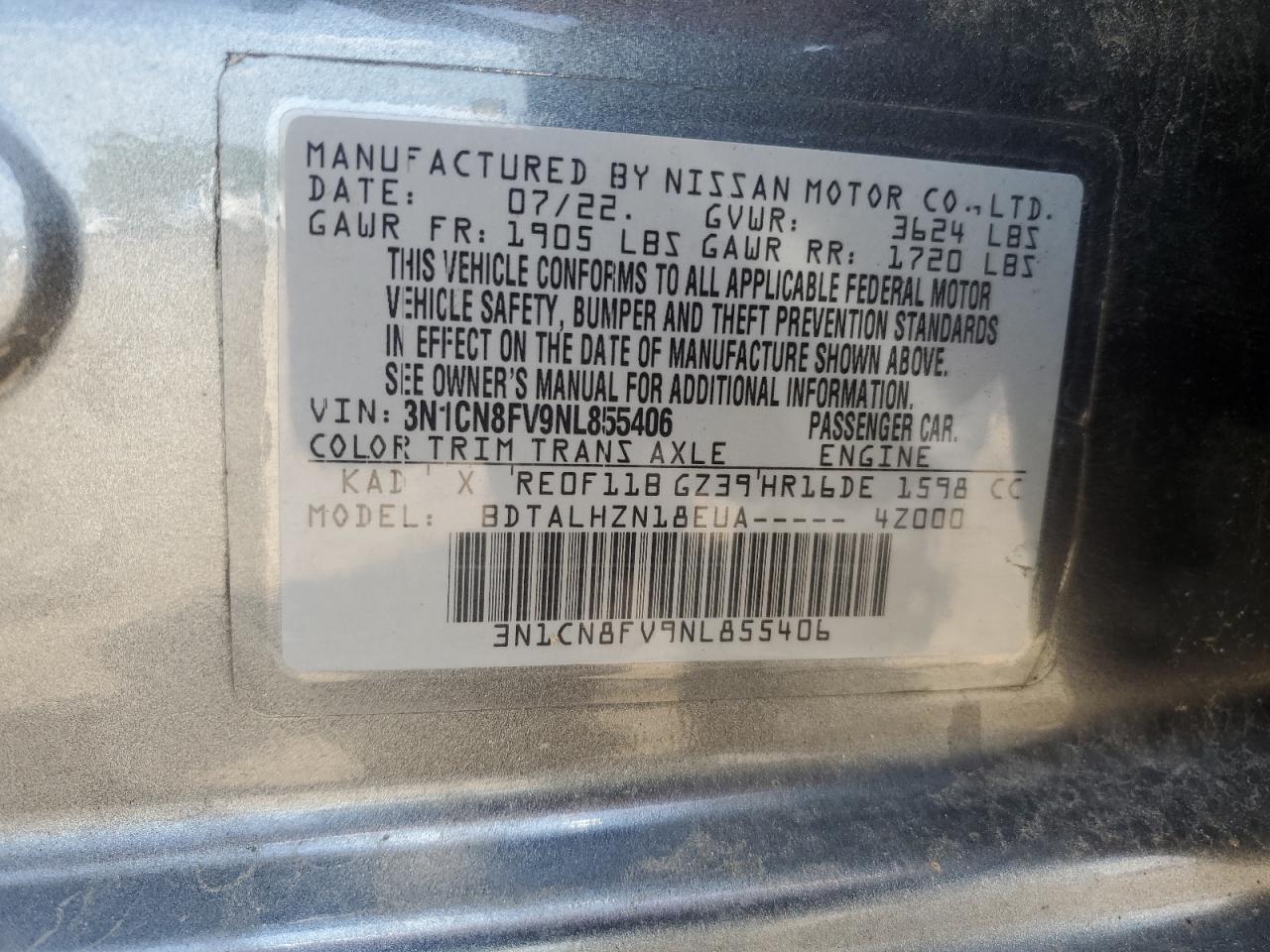 2022 Nissan Versa Sr VIN: 3N1CN8FV9NL855406 Lot: 60987655